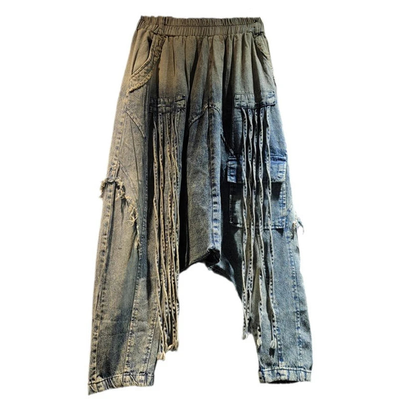 Loose High Elastic Waist Wide Leg Denim Pants