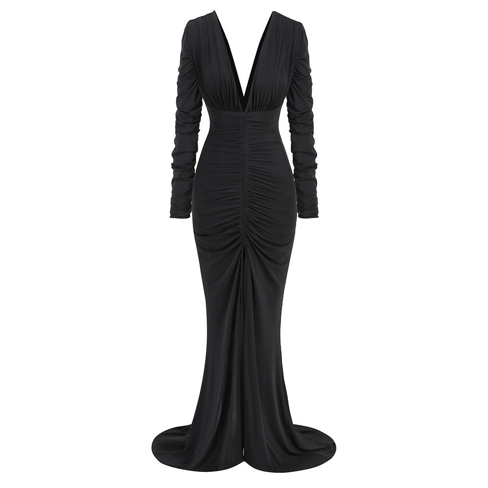 Pleated Deep V Long Sleeved Fishtail Pleated Dress