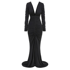 Pleated Deep V Long Sleeved Fishtail Pleated Dress