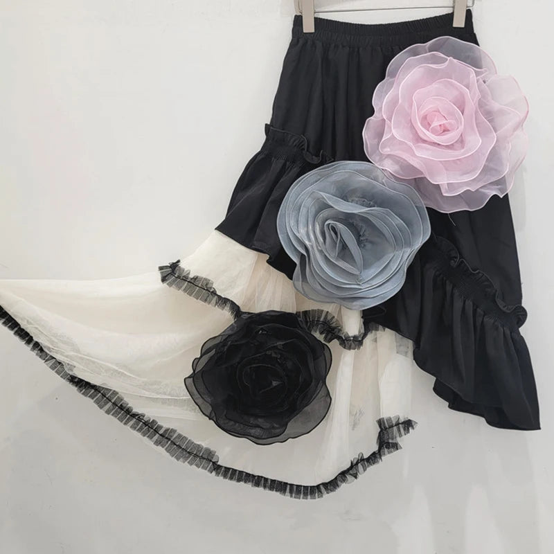 Mesh Patchwork High Elastic Waist Flowers A-Line Skirt