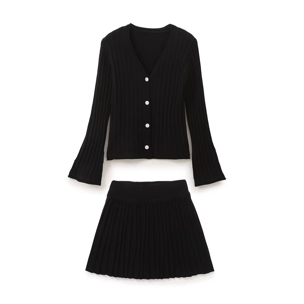 Cuff Slit Pleated Knitted Cardigan + Skirt Set