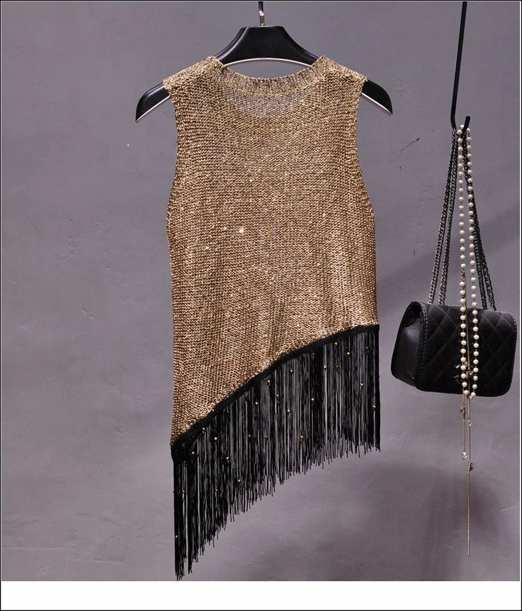Metallic Sequined Beaded Tassel Top