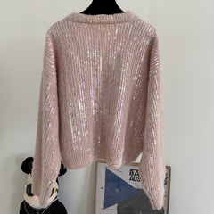 Mohair Wool Blend V-neck Loose Sequined Sweater