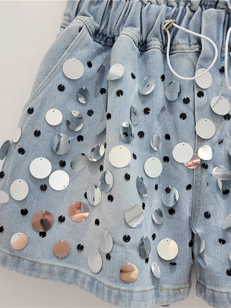 Elastic High Waist Wide Leg Big Sequins Shorts