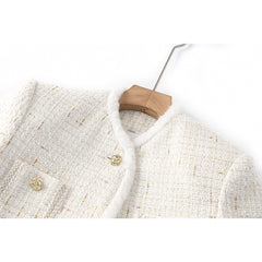 White Woolen Patchwork Belted Jacket