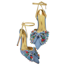 Rhinestones Bowknot Denim Stilettos