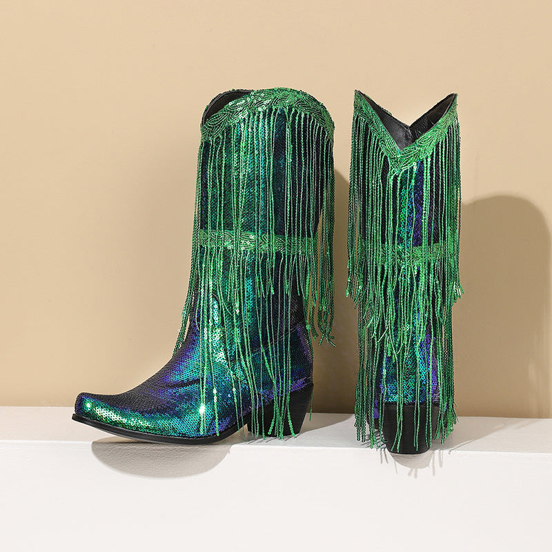 Curved Toe Sequin Tassel Mid-Calf Cowboy Boots