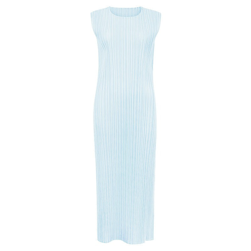 Solid Pleated Sleeveless Midi Dress