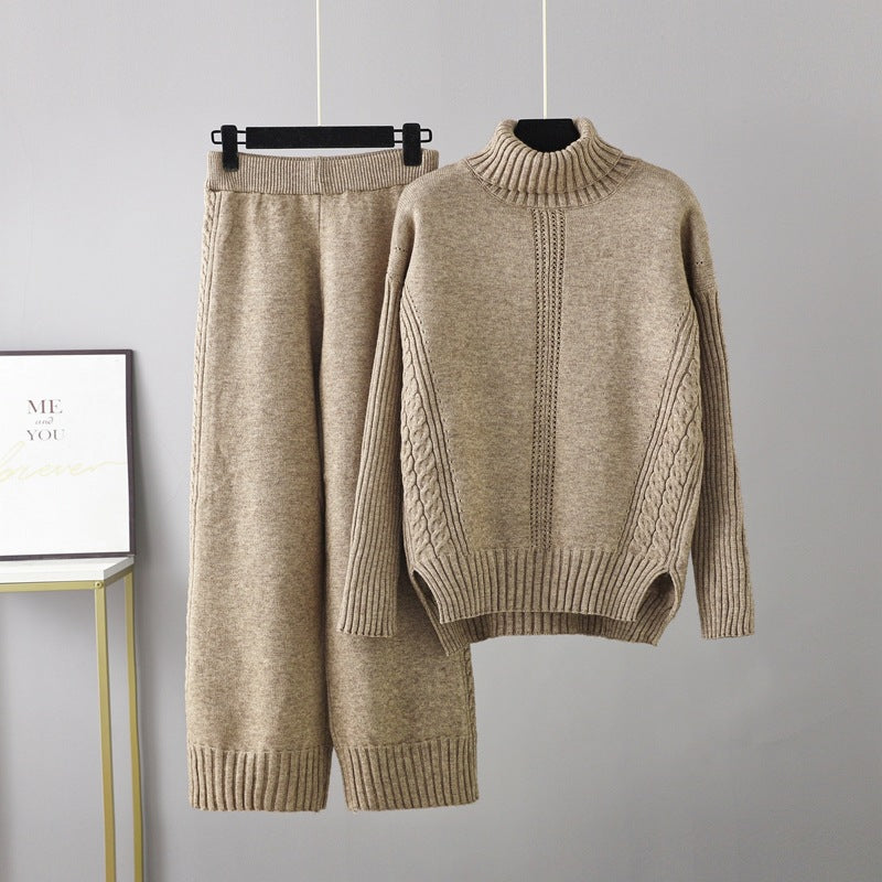 Casual Thick Turtleneck Knit Sweater + Wide Leg Knit Pants