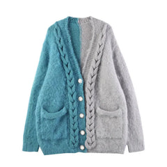 Color Block Pocket Splice Thicken Knit Cardigan