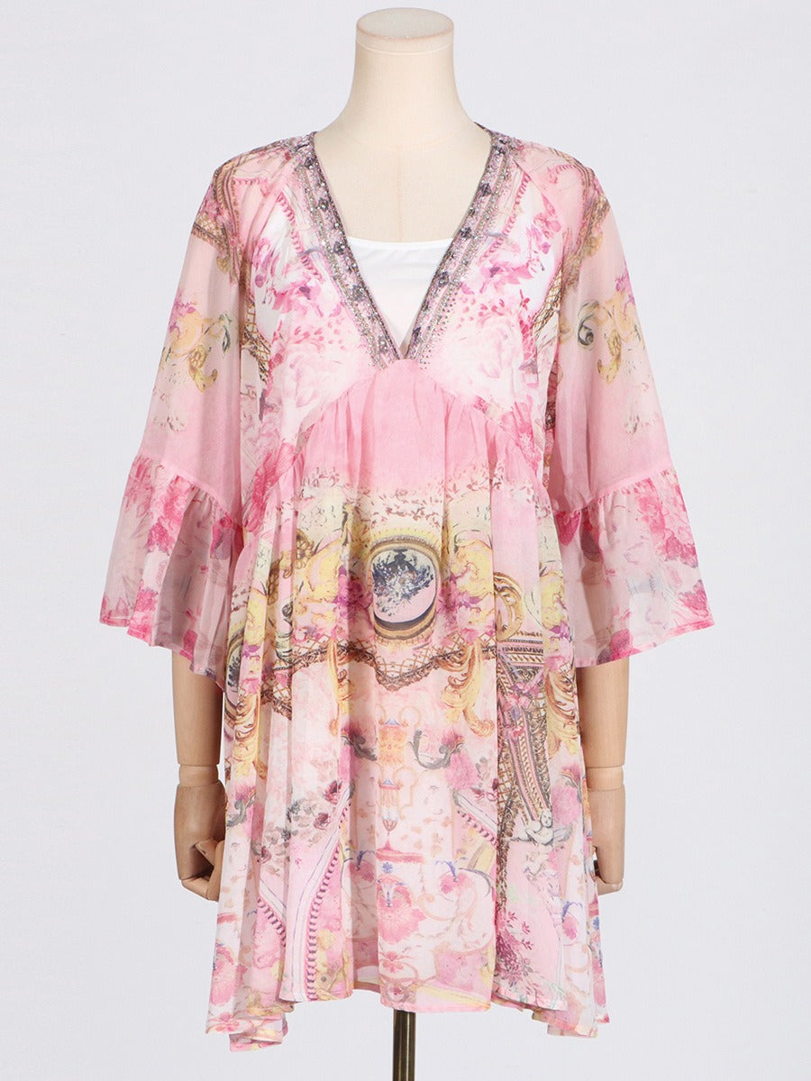 Retro Print Ruffle Edge Dress