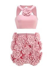 3D Flower Spliced Tight Top + Mini Skirt Set