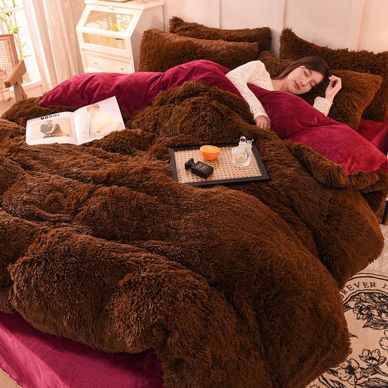 2/3/4Pcs Solid Long Hair King Duvet Cover Set Winte Grey Fannel Fleece Bedding 200*230cm Bedclothes