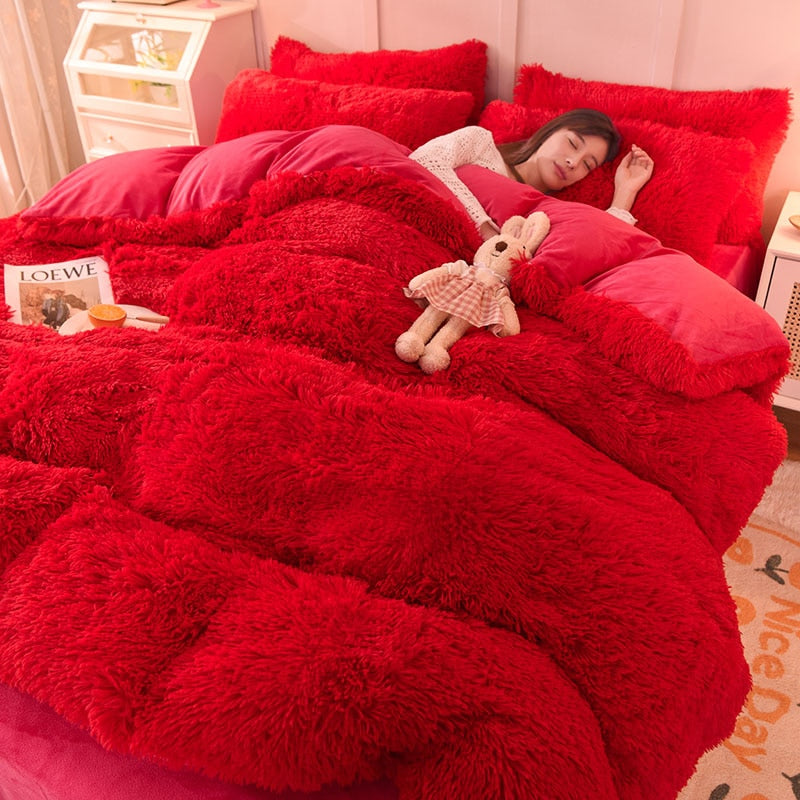 2/3/4Pcs Solid Long Hair King Duvet Cover Set Winte Grey Fannel Fleece Bedding 200*230cm Bedclothes