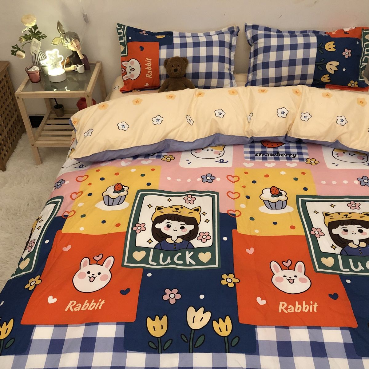 Boys Girls Bedding Set Fashion Adult Children Bed Linen Duvet Quilt Cover Pillowcase Cute Cartoon Bear Polyester Flat Sheets