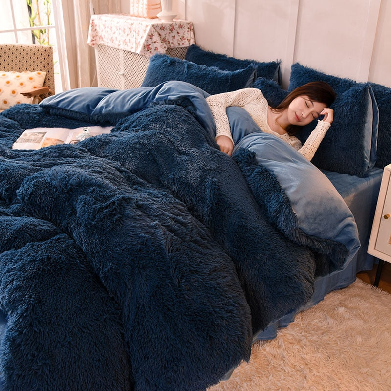 2/3/4Pcs Solid Long Hair King Duvet Cover Set Winte Grey Fannel Fleece Bedding 200*230cm Bedclothes