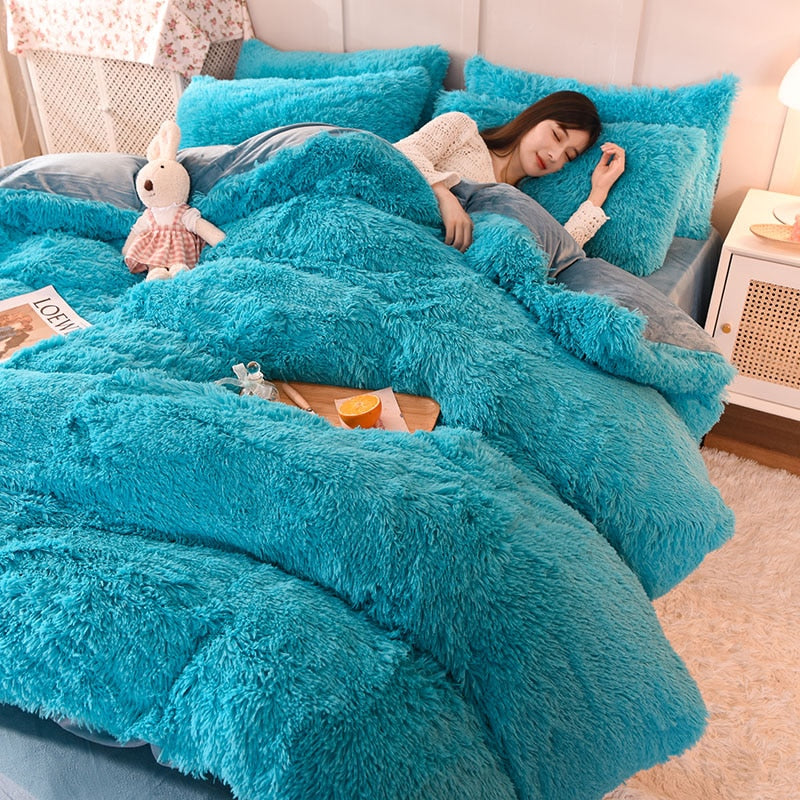 2/3/4Pcs Solid Long Hair King Duvet Cover Set Winte Grey Fannel Fleece Bedding 200*230cm Bedclothes