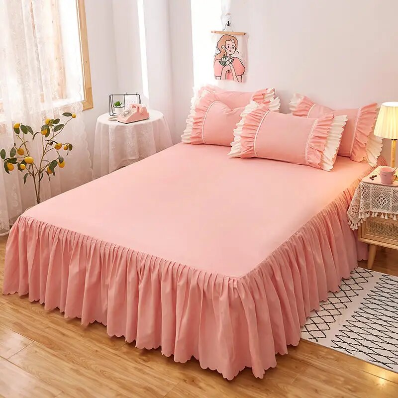Bonenjoy 1pc Plain Dyed Bed Skirt with Elastic Green Solid Color Single/Queen/King Size Bed Sheet Ruffles(Pillowcase need order)
