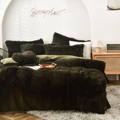 High Quality Long hair bedding set Green Mink Flannle Velvet Fleece Duvet CoverThicken Warm Home Linen 3/4 Heart Cushion Sheet
