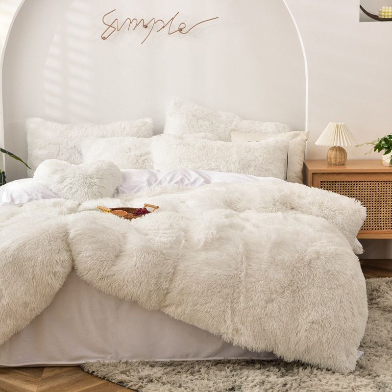 High Quality Long hair bedding set Green Mink Flannle Velvet Fleece Duvet CoverThicken Warm Home Linen 3/4 Heart Cushion Sheet
