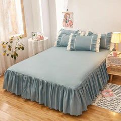 Bonenjoy 1pc Plain Dyed Bed Skirt with Elastic Green Solid Color Single/Queen/King Size Bed Sheet Ruffles(Pillowcase need order)