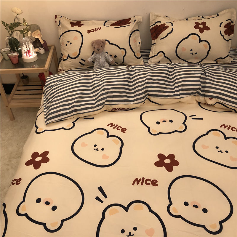 Boys Girls Bedding Set Fashion Adult Children Bed Linen Duvet Quilt Cover Pillowcase Cute Cartoon Bear Polyester Flat Sheets