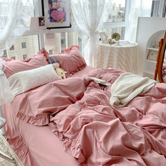 Korean Girl Princess Style Solid Color Bedding Fitted Set Cute Cotton Ruffle Duvet Cover With Pillow Case Full Queen Bed Sheets
