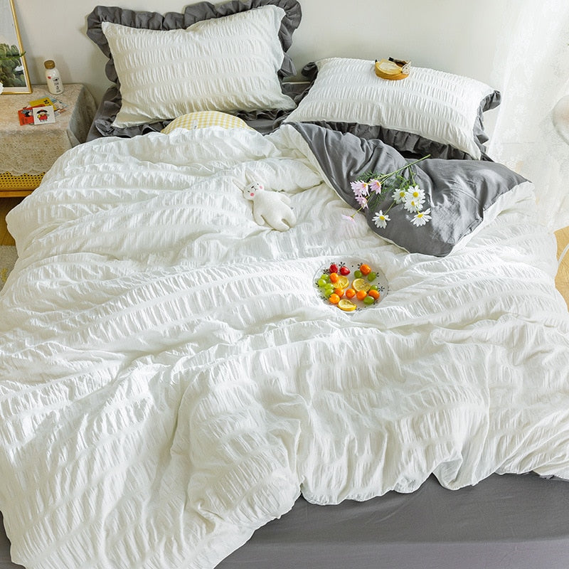 Simple Solid Binding Bedding Set White Blue Queen King 220x240 Size Duvet Cover Set 200x230 Bed Quilt Cover Bedclothes For Home