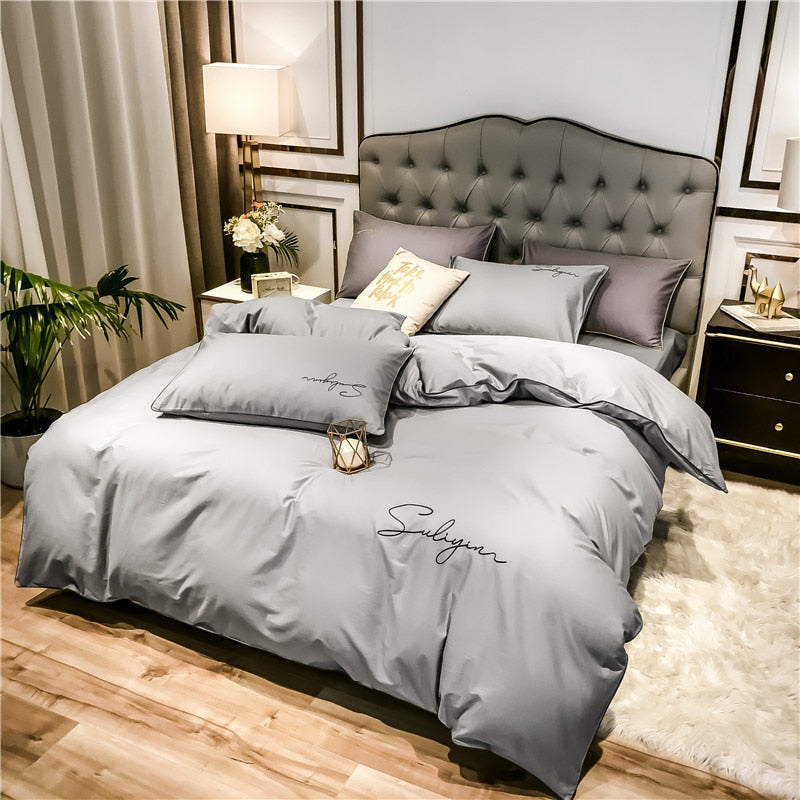 Four-piece bedding simple cotton double household bed sheet quilt cover embroidered twill comfortable bedding light grey