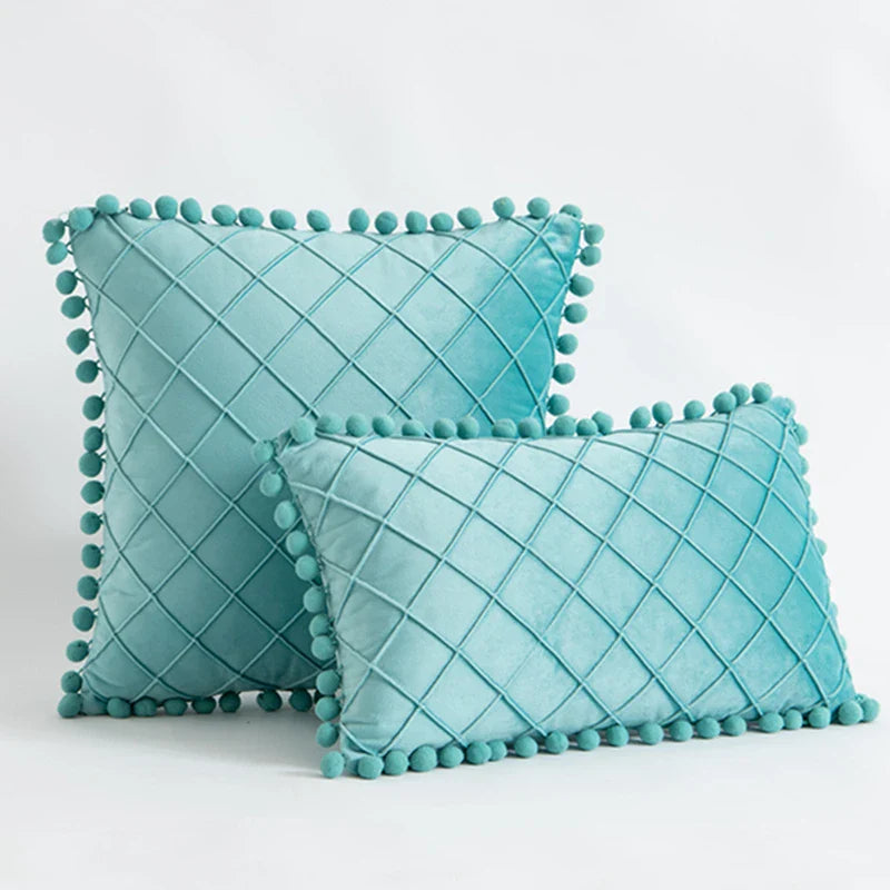 Inyahome Velvet Pillowcase Cover with Pompom Ball Blue Green Cushion Cover Bedroom Sofa Decoration Pillow Cases 35x50cm/50x50cm