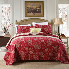 Cotton Quilt Set 3-Piece Bedspread on the Bed with Shams Red Printed Coverlet King Queen Size Summer Blanket for Bed