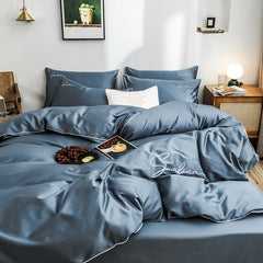 Four-piece bedding simple cotton double household bed sheet quilt cover embroidered piping comfortable bedding blue color