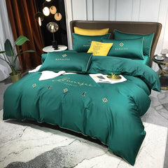Four-piece bedding light luxury cotton double household bed sheet quilt cover embroidered little bee fashion bedding green