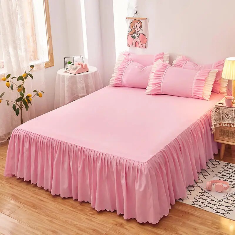 Bonenjoy 1pc Plain Dyed Bed Skirt with Elastic Green Solid Color Single/Queen/King Size Bed Sheet Ruffles(Pillowcase need order)