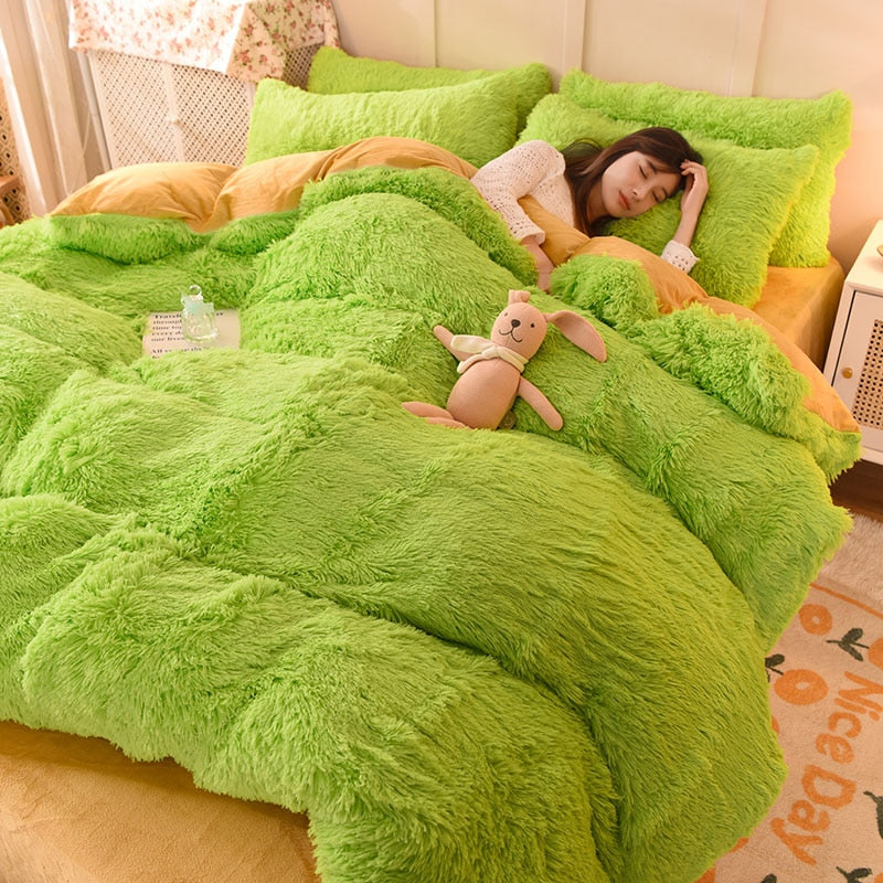 2/3/4Pcs Solid Long Hair King Duvet Cover Set Winte Grey Fannel Fleece Bedding 200*230cm Bedclothes