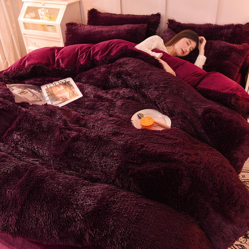 2/3/4Pcs Solid Long Hair King Duvet Cover Set Winte Grey Fannel Fleece Bedding 200*230cm Bedclothes