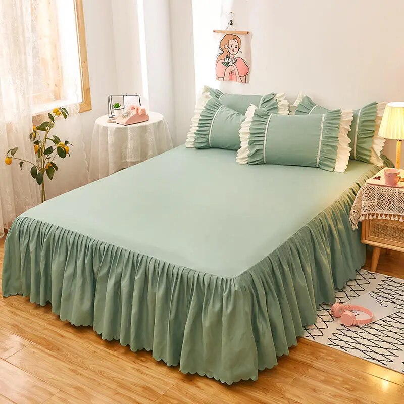 Bonenjoy 1pc Plain Dyed Bed Skirt with Elastic Green Solid Color Single/Queen/King Size Bed Sheet Ruffles(Pillowcase need order)