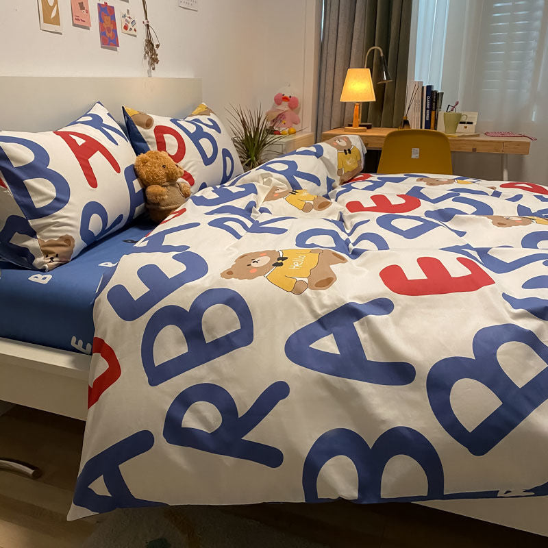Boys Girls Bedding Set Fashion Adult Children Bed Linen Duvet Quilt Cover Pillowcase Cute Cartoon Bear Polyester Flat Sheets