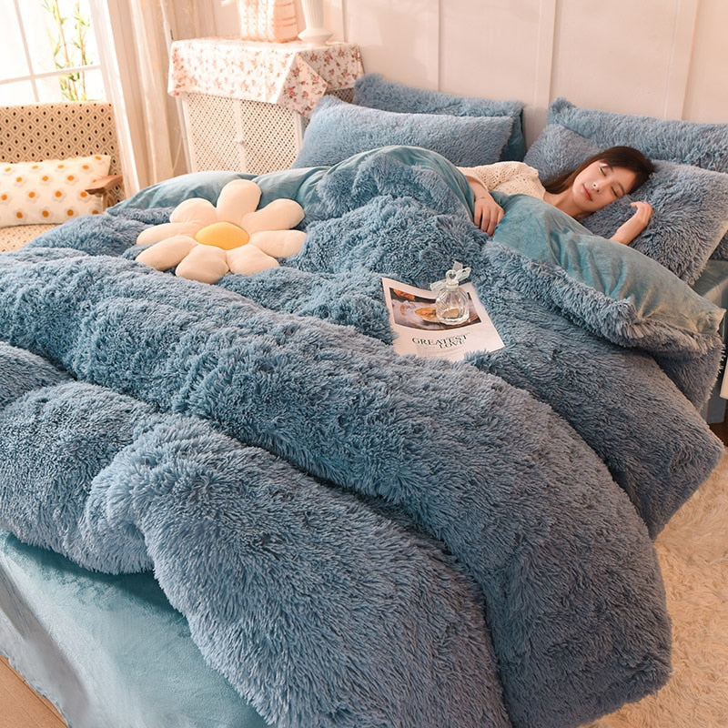 2/3/4Pcs Solid Long Hair King Duvet Cover Set Winte Grey Fannel Fleece Bedding 200*230cm Bedclothes