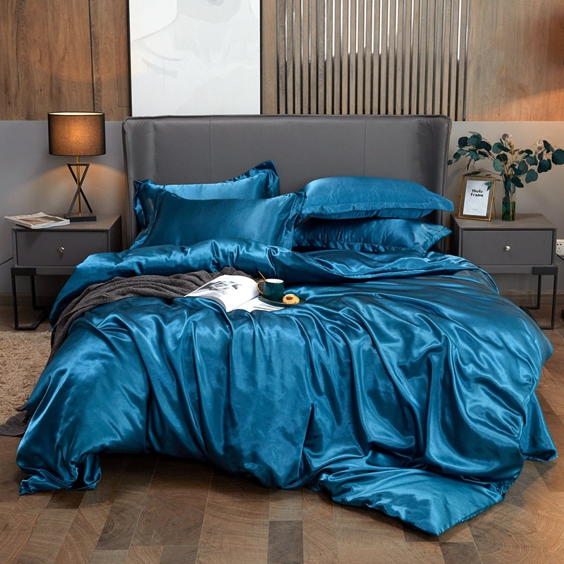 NEW Bedding Sets Rayon Fabric Luxury Duvet Cover Set Twin Gueen King Size Bed Sets Solid Color Bedclothes Sets