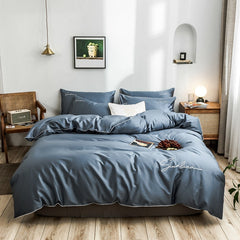 Four-piece bedding simple cotton double household bed sheet quilt cover embroidered piping comfortable bedding blue color
