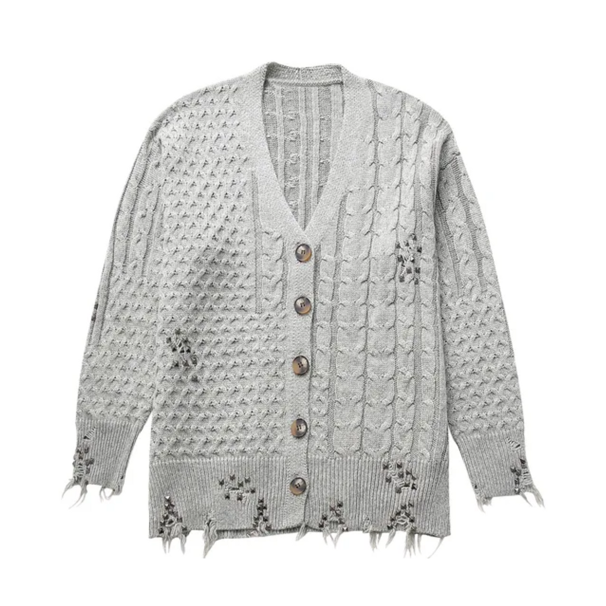 Studded Braided Knit Ripped Cardigan