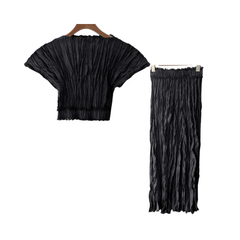 Pleated Top+Midi Skirt Silk Set
