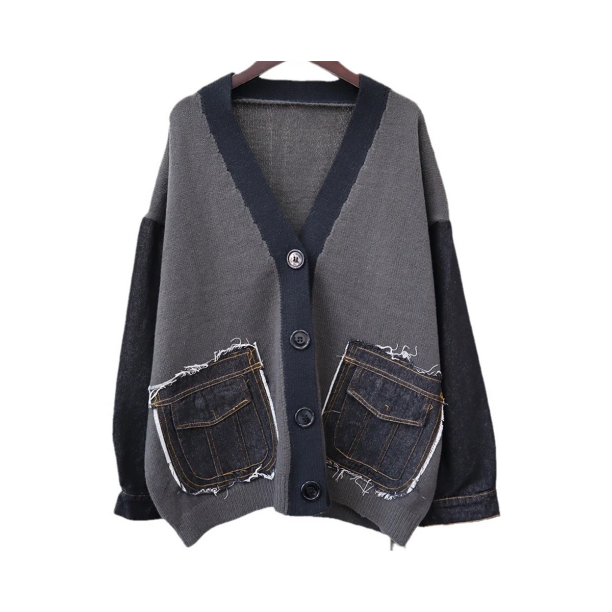 Denim Patch Pockets Loose Cardigan