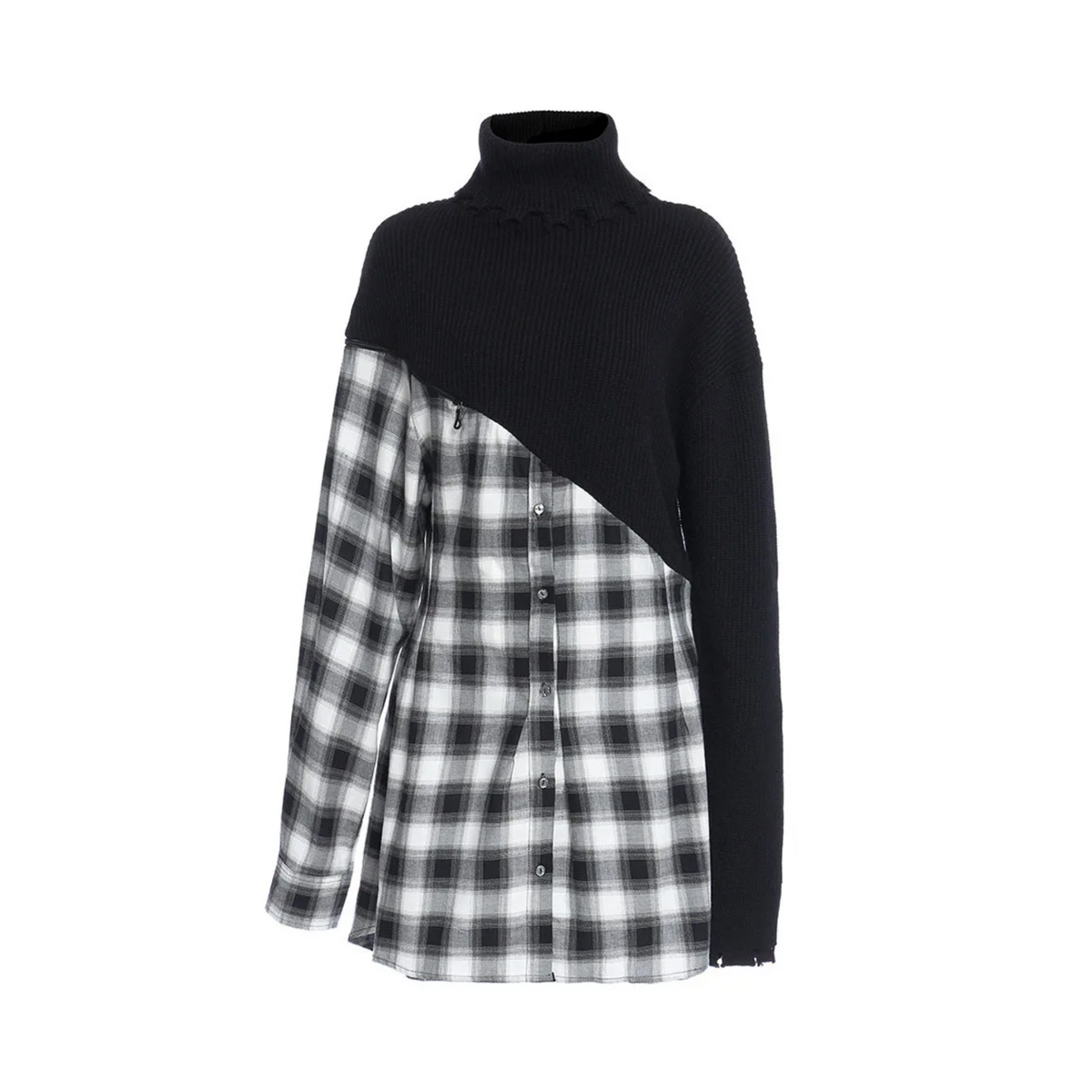 Plaid Spliced Knitted Shirt Dress