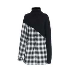Plaid Spliced Knitted Shirt Dress