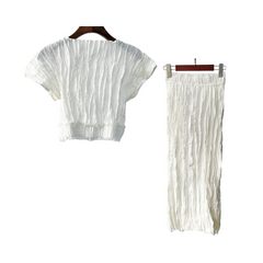 Pleated Top+Midi Skirt Silk Set