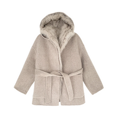 Hooded Fur Wool Belted Coat