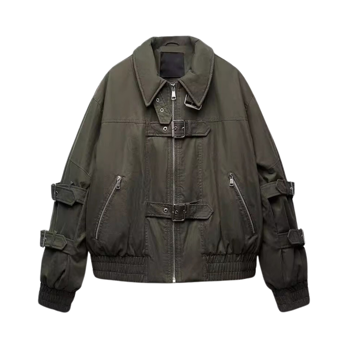 Buckles Zip-Up Bomber Jacket