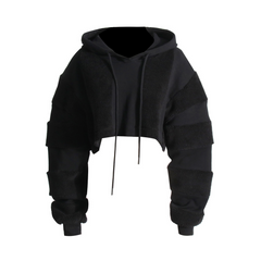 Spliced Woolen Hooded Cropped Sweatshirt